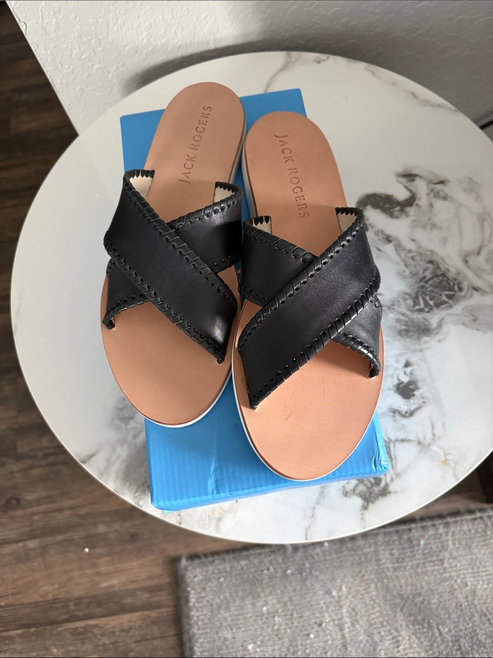 Jack Rogers Black Leather X-Band Slide Sandal with Tan Footbed